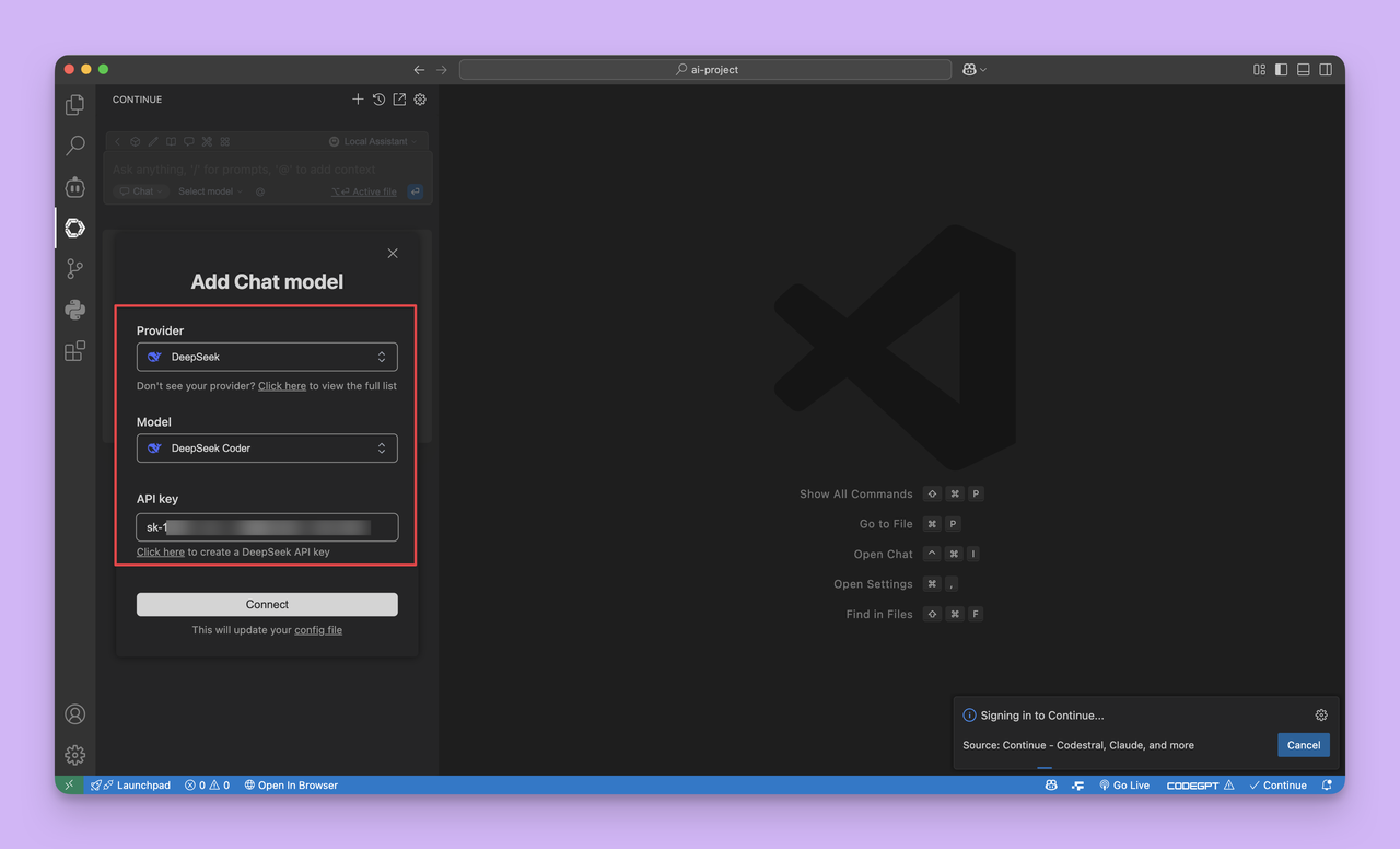 Continue 配置 Provider 与 API Key 截图