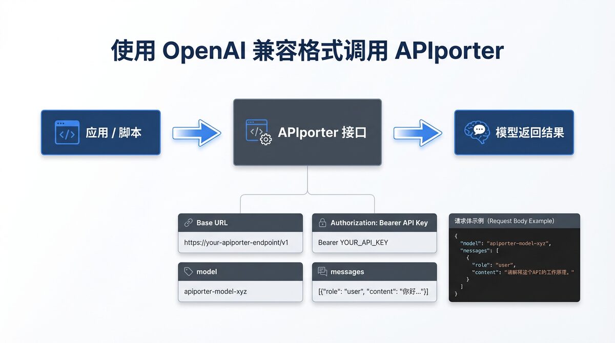 使用 OpenAI 兼容格式调用 APIporter 的请求结构示意图