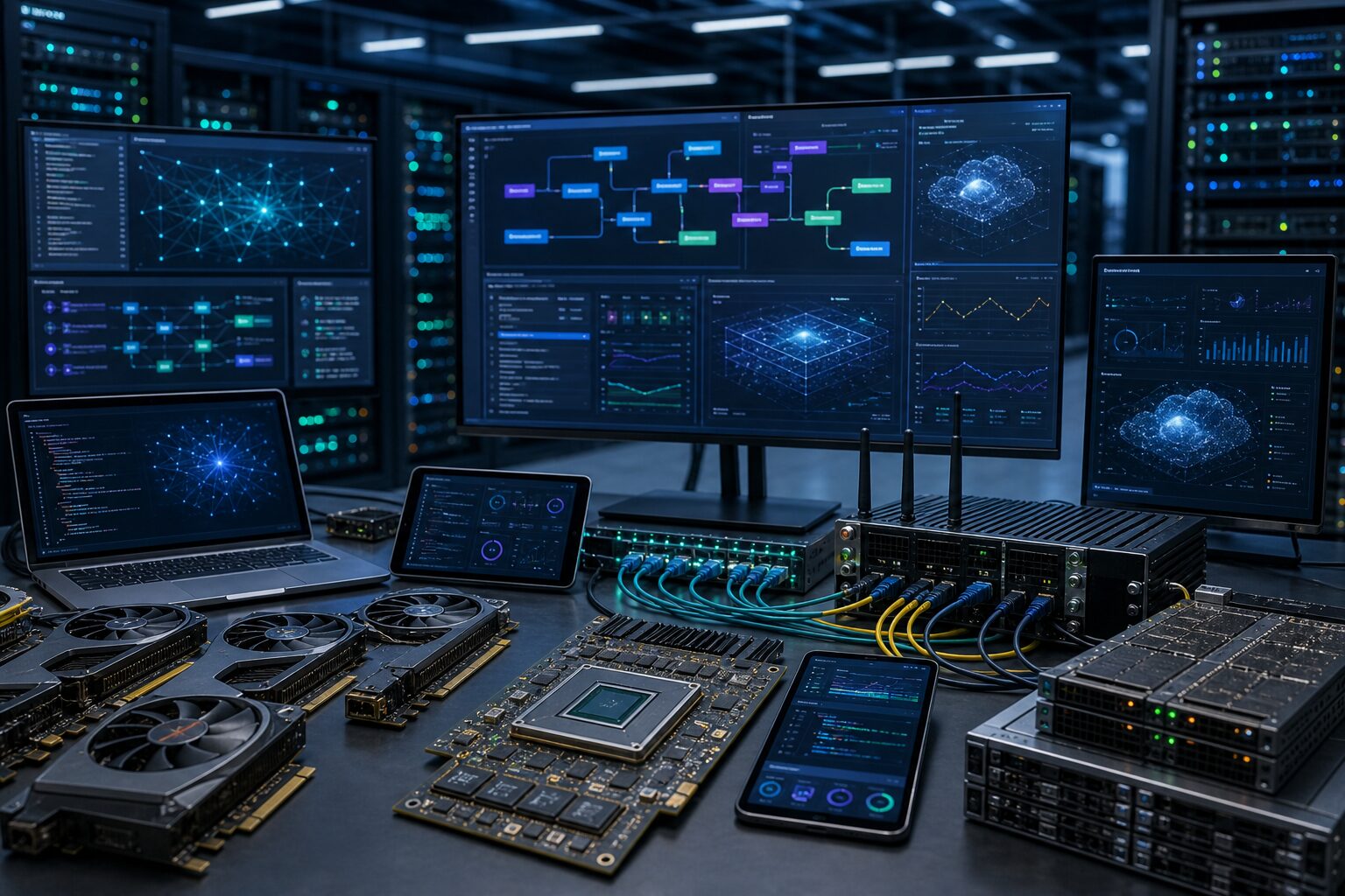 AI基础设施、Token服务、跨设备智能体和开发工作流示意图