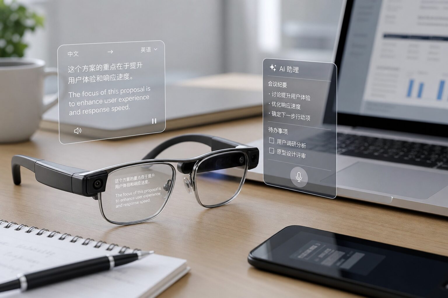 AI smart glasses with translation and assistant workflow interface