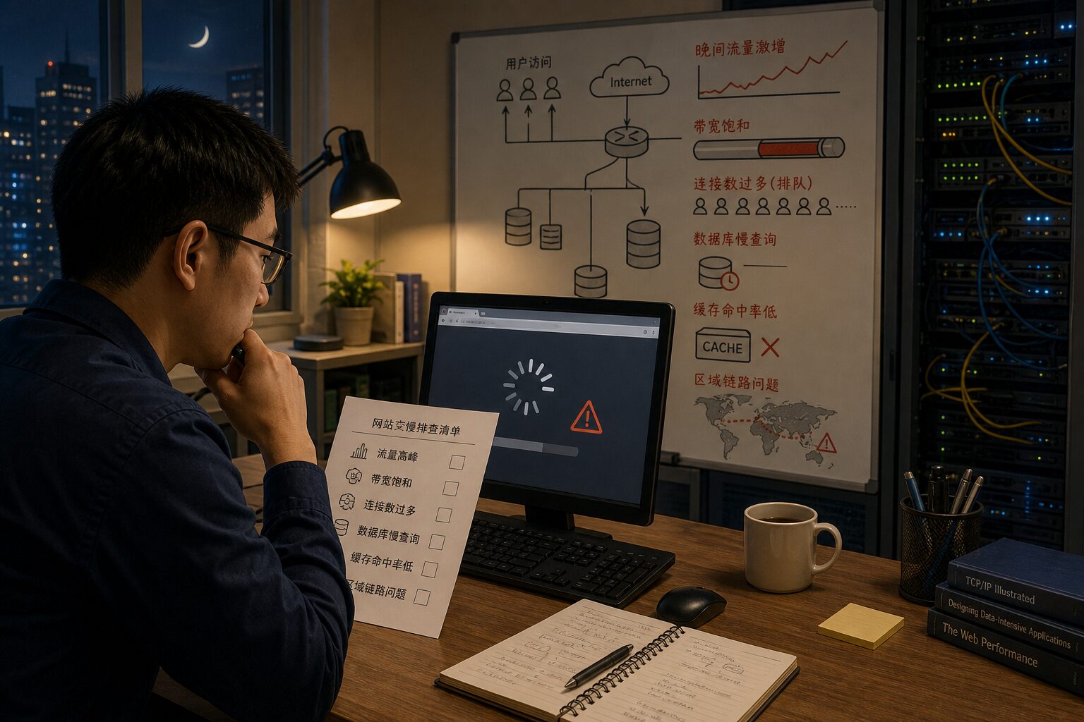 网站晚高峰访问变慢的服务器与网络排查示意