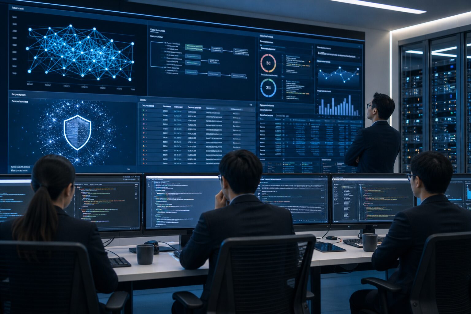 AI security audit dashboard with code and shield visualization