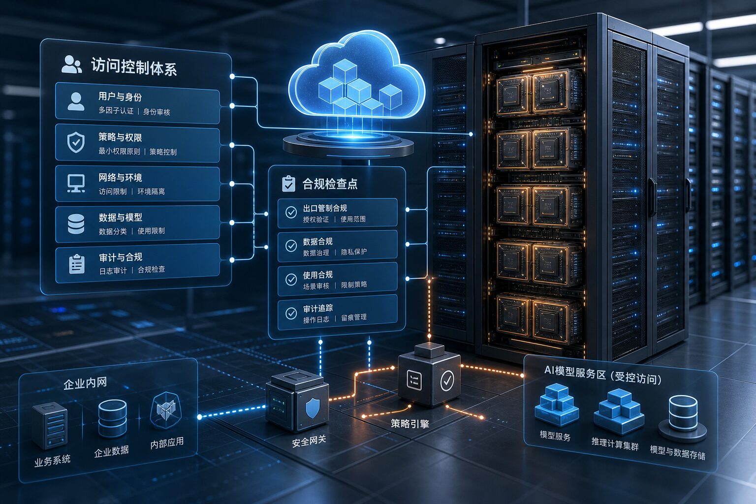 前沿AI模型服务合规与云基础设施示意图