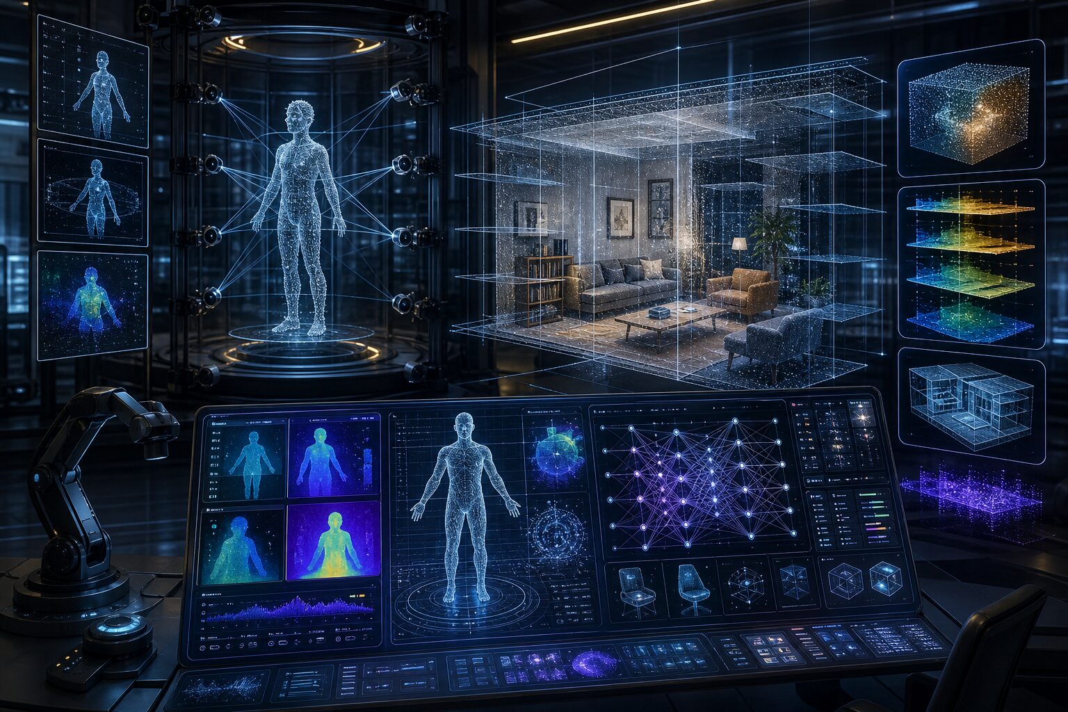 空间智能研究工作站展示3D场景重建和神经网络可视化