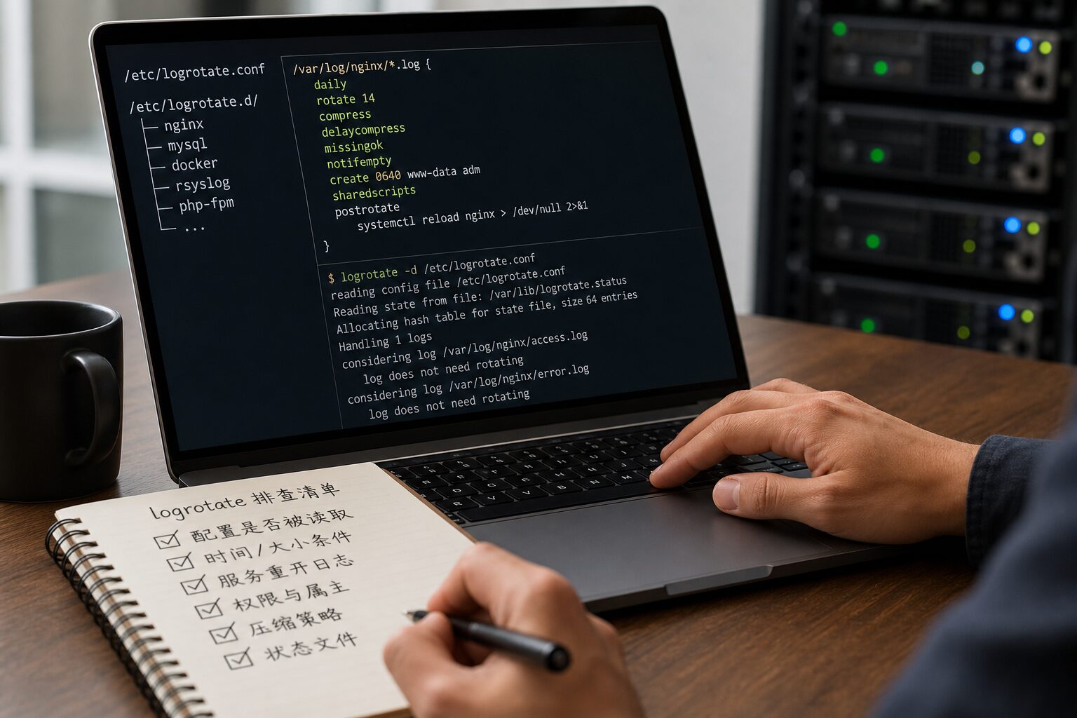 Linux 服务器日志轮转和运维排查示意图