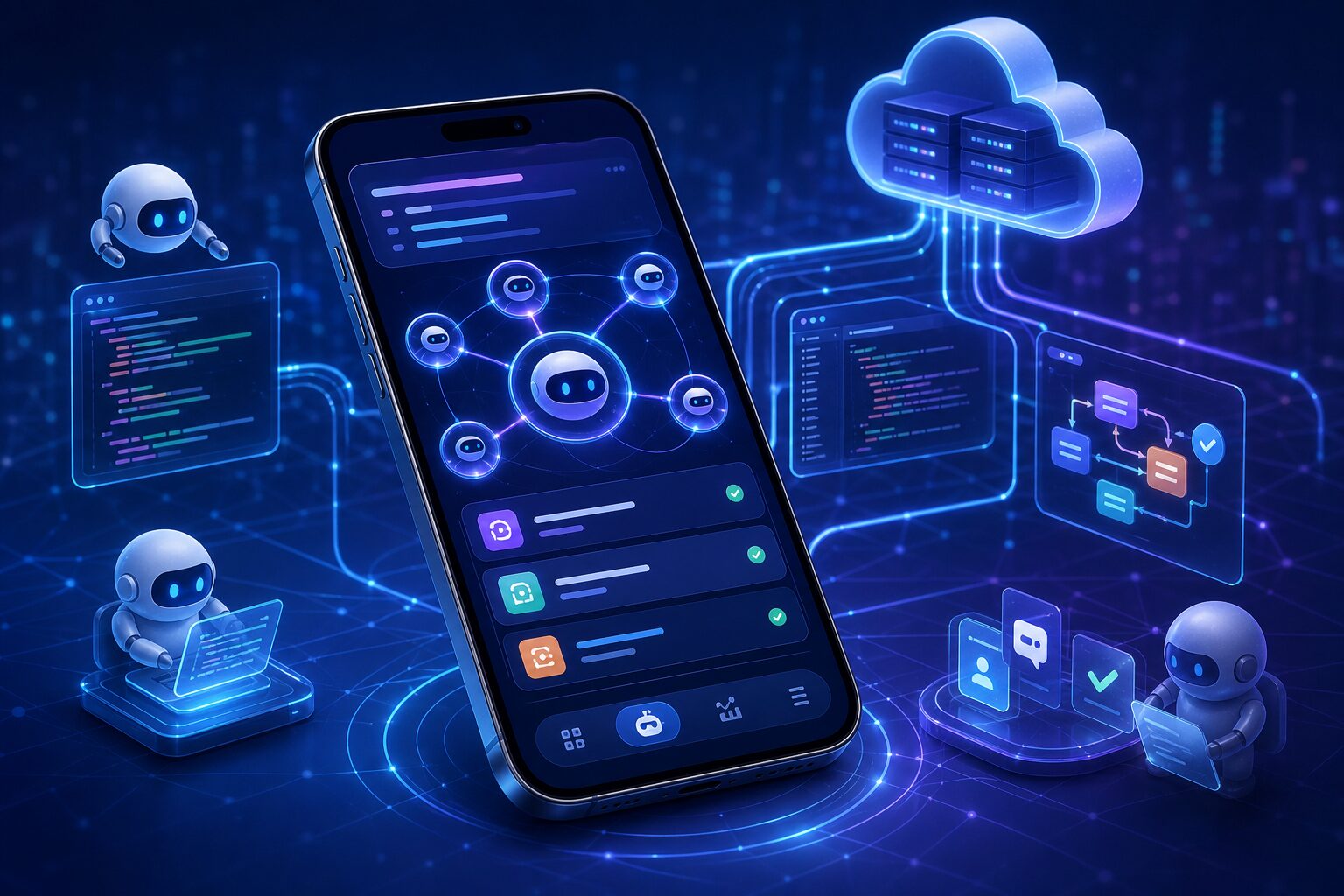 手机端调度AI Agent与云端协作网络的概念图