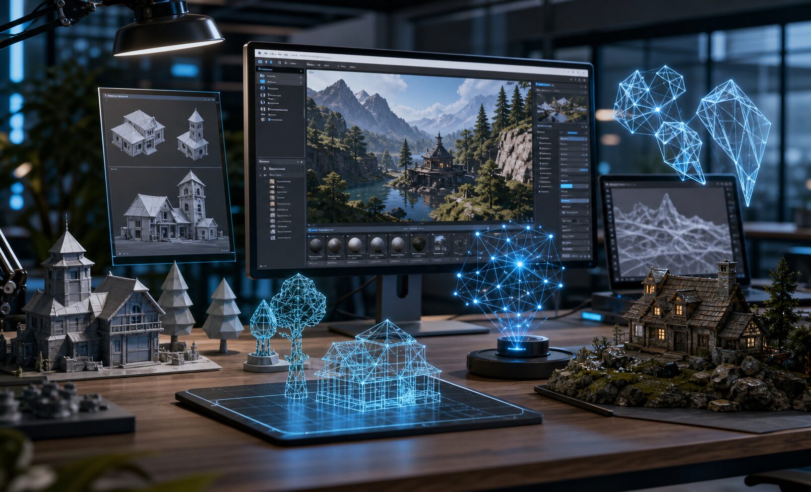 AI 3D资产生产工作台与可交互世界模型示意图