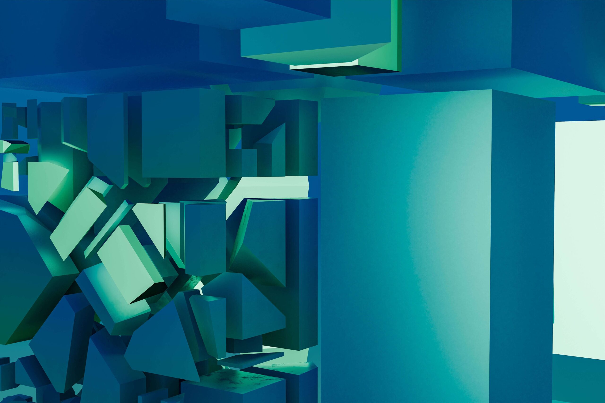 Vivid abstract 3D design with geometric shapes and cool blue tones.