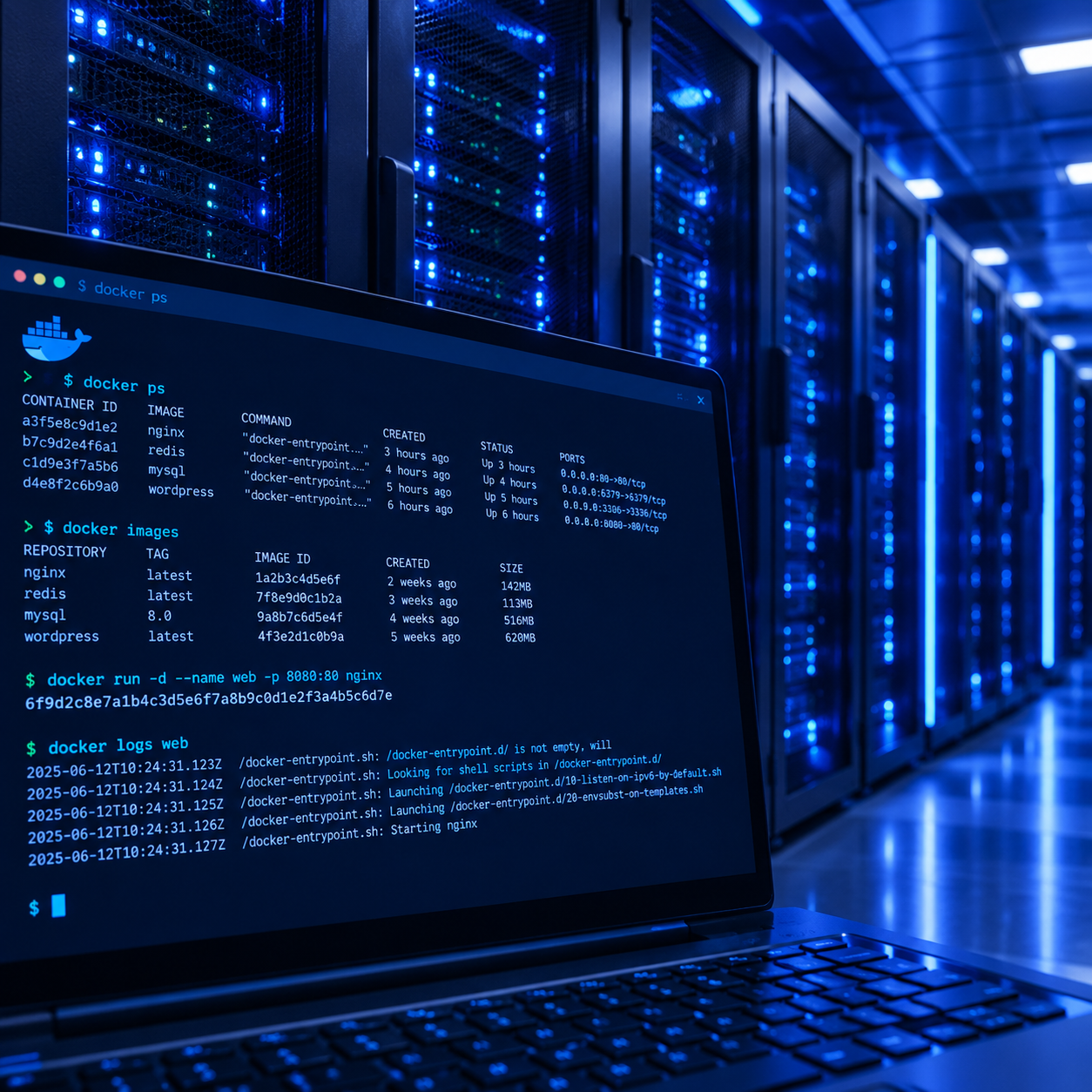 服务器机房中的 Docker 容器化部署与终端命令行运维场景